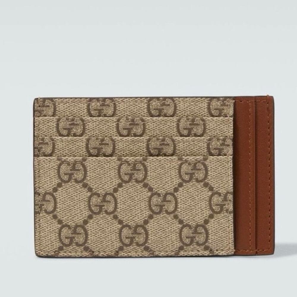 Gucci Beige Brown GG Supreme Card Holder with Tan Leather Trim